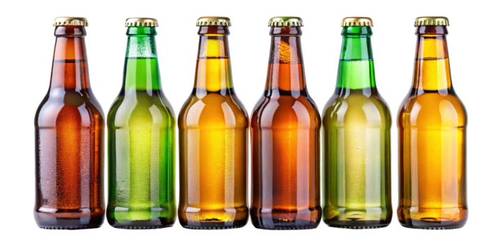 A row of six assorted beer bottles with golden caps including amber green and clear glass bottles filled with golden liquid isolated on transparent background