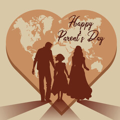 Happy Parent's Day Celebration Family Silhouette Heart World Map