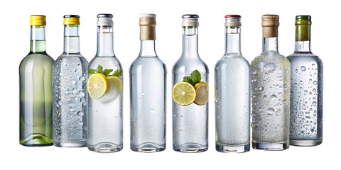 Collection of assorted chilled beverage bottles with condensation and citrus garnishes isolated on transparent background