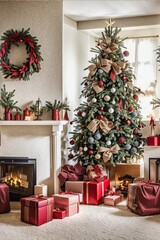 Cozy living room decorated for Christmas, featuring a beautifully lit tree, a warm fireplace, and wrapped gifts scattered on the wooden floor, creating a festive atmosphere for the holiday season