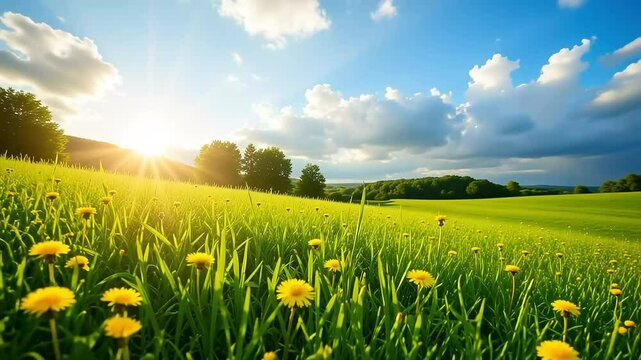 "Sunny Meadow Landscape with Dandelions and Blue Sky 