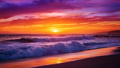 Fototapeta premium vibrant ocean sunset with orange and purple sky and crashing waves on the shore