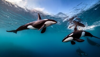 Obraz premium orcas swimming and playing in the ocean with diverse expressions and movements during a clear day