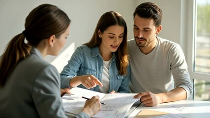 Young couple reviewing plans with a real estate agent at a table, discussing property investment - Powered by Adobe