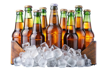 A refreshing assortment of cold beer bottles nestled in ice cubes within a wooden crate isolated on transparent background