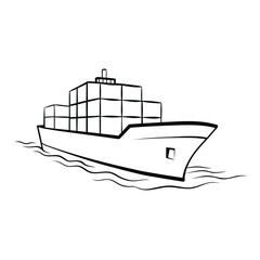 Obraz premium Black and white vector illustration of a cargo ship carrying shipping containers on white background