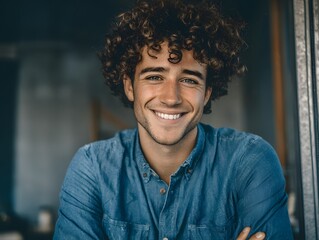 Smiling confident man with curly hair in a casual blue denim shirt