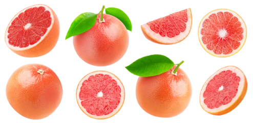 Collection of pink grapefruits whole and pieces cut out