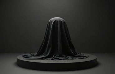 Dark room with mysterious object covered in black cloth. Object placed on round pedestal. Unknown item, unveil. Product launch, presentation concept. Secrecy, anticipation, reveal. Sleek design,