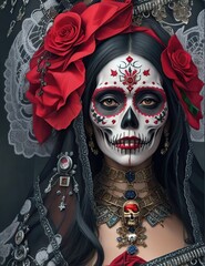 Santa muerte Woman with intricate sugar skull makeup, adorned in a black lace dress and floral crown,Mexican death mask La Catrina for santa muerte - day of the dead holiday