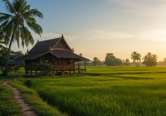 Obraz premium Serene Sunrise over Thai Rice Paddy with Traditional House