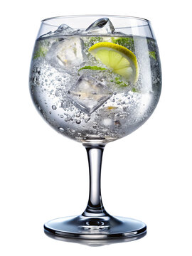 Refreshing gin and tonic cocktail with lemon and ice cubes on a black background on transparent background