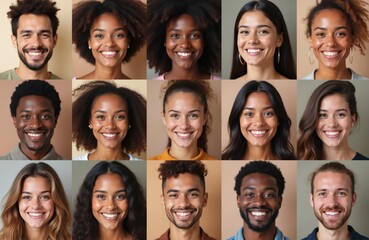 Diverse faces collage of men, women smiling. Multicultural group people. Avatars portrait set. Joyful expressions, positive emotions. Community team, company staff, colleagues, business, marketing,