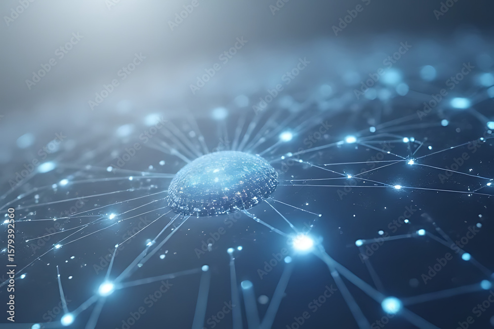 Poster abstract digital sphere with glowing blue connections and points representing network data communica