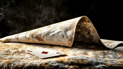Single ace of diamonds playing card on textured surface with wisps of smoke