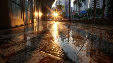 Golden sunlight streams onto a wet paved walkway, reflecting cityscapes