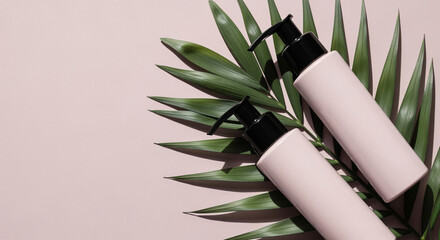 Two light pink pump bottles with black dispensers nestled among green palm leaves on a pastel background