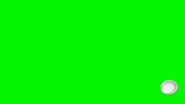 Baseball jumping loop animation. Baseball passing through screen animation. Bouncing or flying, throwing and Spinning in front of the screen. For smooth sport video cut editing on green screen