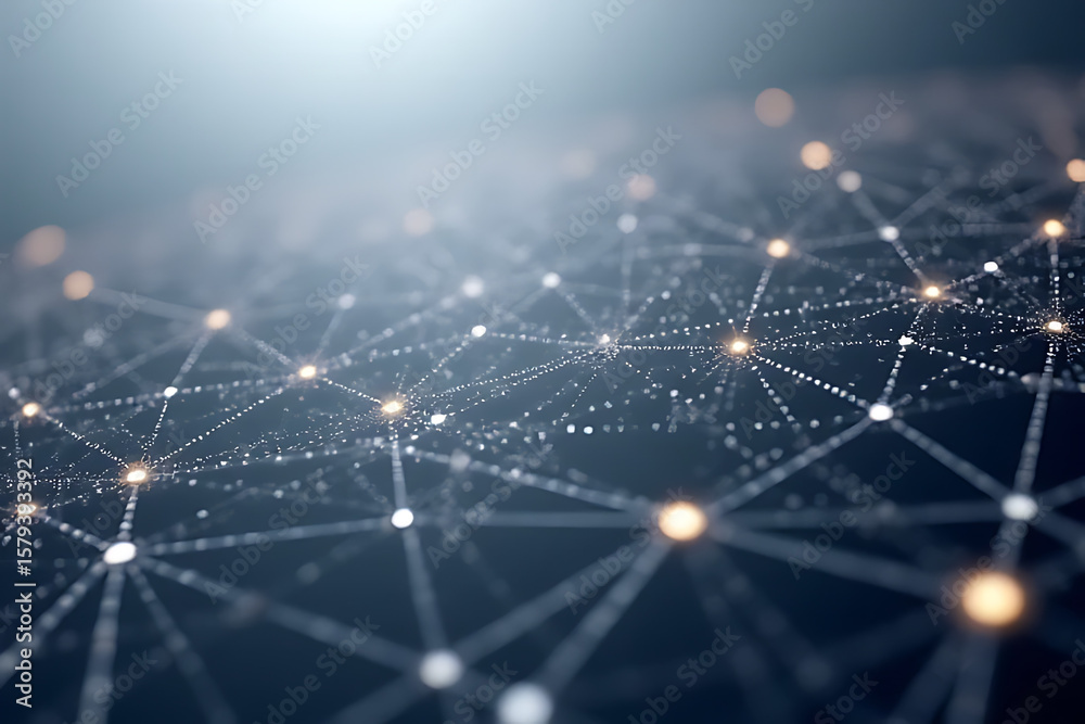 Aufkleber abstract network of connected dots with glowing nodes and lines on dark blue background representing