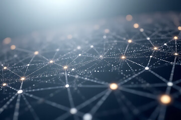 Fototapeta premium Abstract network of connected dots with glowing nodes and lines on dark blue background representing data flow and connections