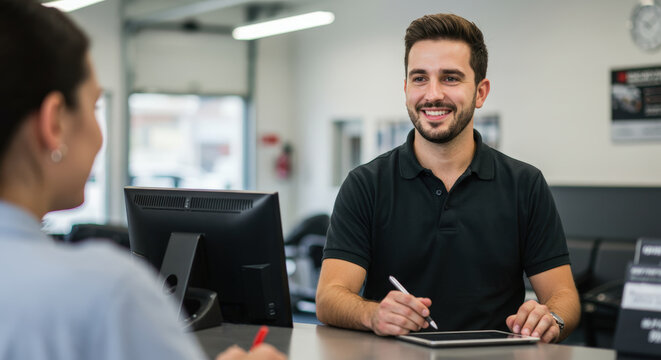 Smiling male service agent assisting a customer at a counter in a modern office environment