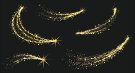 Golden starburst trails and magical glittering dust swirls on a dark background illustrating festive celebrations and special occasions
