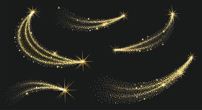 Golden starburst trails and magical glittering dust swirls on a dark background illustrating festive celebrations and special occasions
