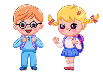 Cartoon school kids with backpacks: cheerful boy and girl ready for school adventures