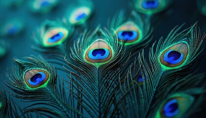 Obraz premium Close-up of peacock feathers showing vibrant color pattern. Blue, green, turquoise, yellow colors. Elegant design, natural texture. Decorative art, bird detail macro shot. Ideal for design, art,