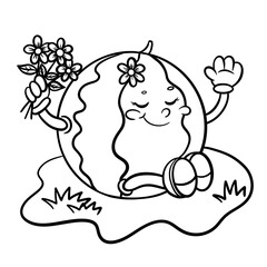 Cute watermelon character with flowers: playful cartoon line art for coloring