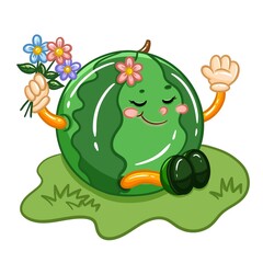 Smiling watermelon cartoon holding flowers with playful expression