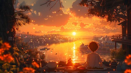 A joyful boy sits comfortably at a wooden table, savoring a colorful plate of food, embodying the simple pleasures of eating and the happiness of childhood moments

