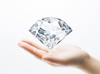 A woman's hand gently presents a sparkling diamond against a bright white background, symbolizing luxury, wealth, and the preciousness of gem stones.