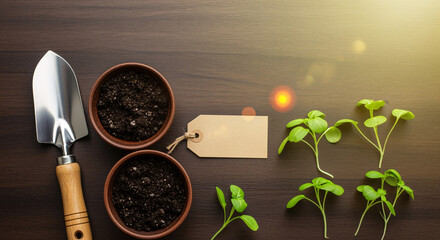 Gardening tools and young plant sprouts on a dark wooden background with warm sunlight