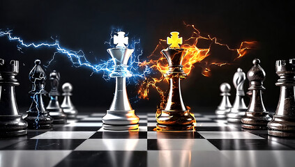 Two opposing kings on a chessboard crackling with blue and orange lightning energy