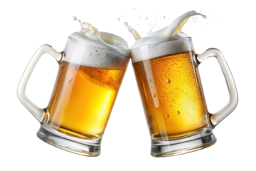 Beer mugs cheers celebration toast drink alcohol golden beer foam party fun time on transparent background