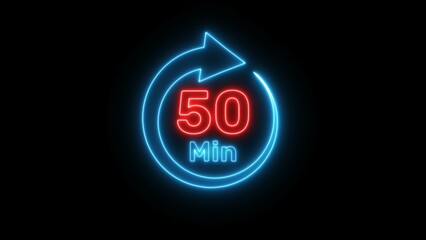 Neon timer clock  illustration. Neon countdown minute symbol.