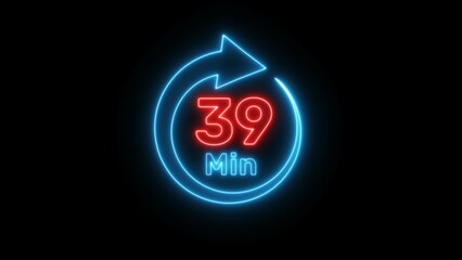 Neon timer clock  illustration. Neon countdown minute symbol.