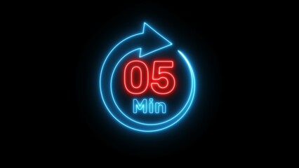 Neon timer clock  illustration. Neon countdown minute symbol.