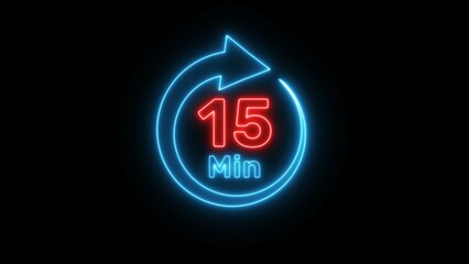 Neon timer clock  illustration. Neon countdown minute symbol.