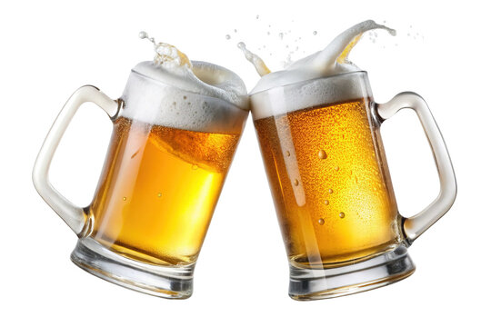 Beer mugs cheers celebration toast drink alcohol golden beer foam party fun time on transparent background
