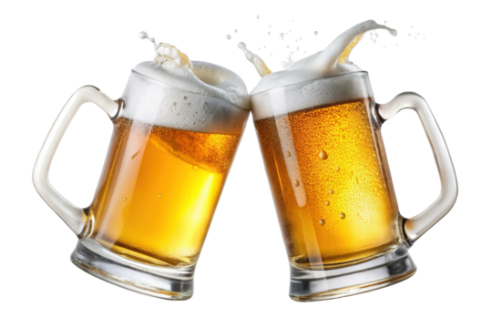 Beer mugs cheers celebration toast drink alcohol golden beer foam party fun time on transparent background - Powered by Adobe