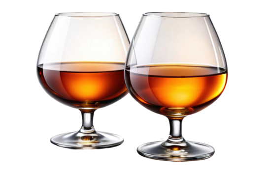 Two brandy snifter glasses filled with amber liquor on a dark background shot on transparent background