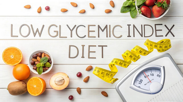 Fresh fruits, nuts, and a scale arranged around text promoting low glycemic index diet and weight management on white background. - Powered by Adobe