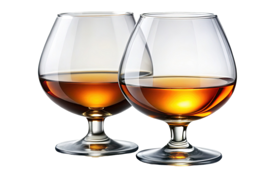 Two glasses of brandy cognac alcohol drink beverage celebration cheers toast luxury on transparent background