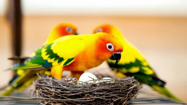 Sun Conure Sitting on White Parrot Eggs in Twig Nest in Aviary | Pet Sun Parakeet | 9 seconds 4K | Realistic AI Nesting Behavior Video of Brooding Aratinga