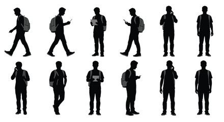 Silhouettes of young people engaging with mobile devices and carrying backpacks demonstrating modern lifestyle and connectivity