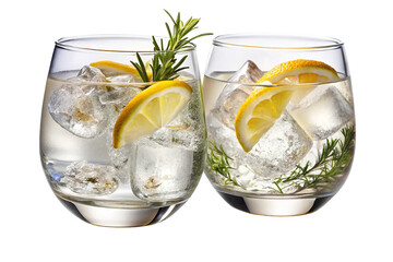 Two refreshing gin and tonic cocktails with ice lemon slices and rosemary sprigs in clear glasses isolated on transparent background