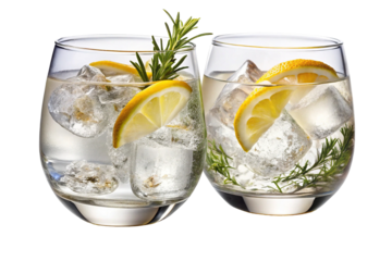 Two refreshing gin and tonic cocktails with ice lemon slices and rosemary sprigs in clear glasses isolated on transparent background