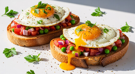 Delicious open faced egg toast with fresh tomato and peas garnished with parsley